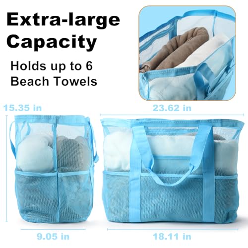 CaCTOUR Mesh Beach Bag,Large Beach Bags for Women with 8 Pockets,Packable Tote Bag for Beach Cruise Pool Vacation Essentials - color: Blue