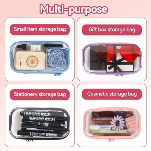 Klmnop 4 Pcs Clear Hard Shell Zipper Case, Hard Plastic Zipper Pouches Makeup Bag with Labels, Small Transparent Cases for Snacks, Makeup, Puzzles, Cosmetics(Multicolor,7.6 x 4.1 x 1.9 in)