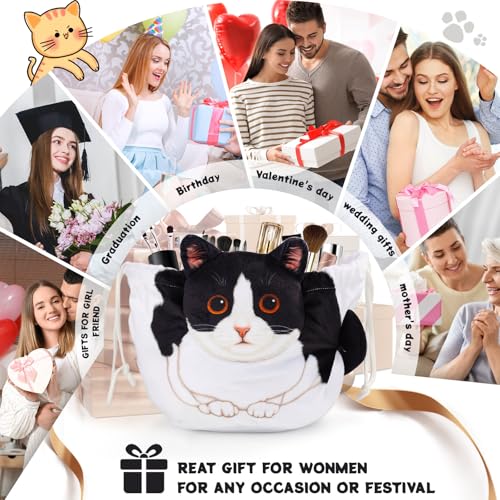 Drawstring Makeup Bag, Cat Makeup Bag, Travel Makeup Organizer, Cosmetic Pouch Bag, Cat Gift for Women, Lay Flat Makeup Bag Gifts for Cat Lovers - color: White and Black Cat