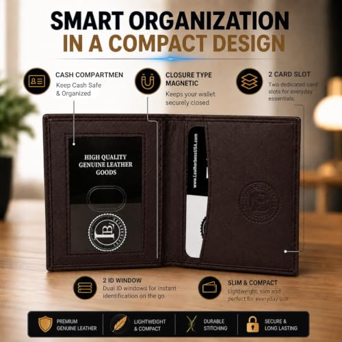 Leatherboss Genuine Leather Slim Thin Credit Debit Card ID Mini Holder Bifold Wallet Driver License Safe Holder, Dark Brown - color: Dark Brown