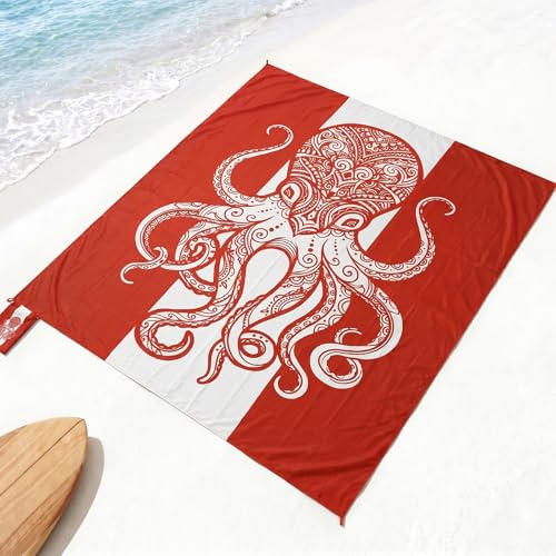 Beach Blanket Waterproof Sandproof with Stakes,Sand Pockets and Carry bag - color: Burntorange Octopus
