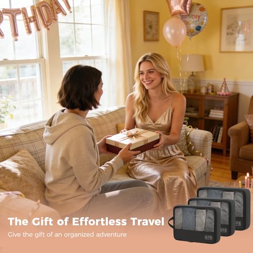 Compression Packing Cubes for Carry On Suitcase Backpack | Lightweight Travel Packing Organizer for Weekend, Space Saving Double-Zipper Packing Cubes with Laundry Bag - color: black-3 set