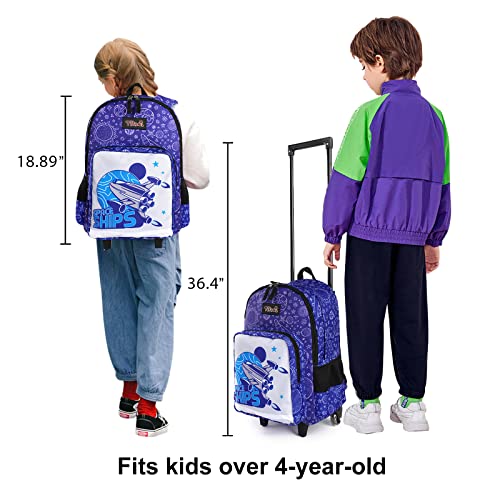 Tilami Rolling Backpack 18 inch Double Handle Wheeled Boys Girls Travel School Children Luggage Toddler Trip - color: Spaceship Blue