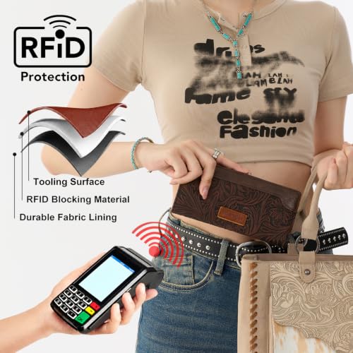 X Wrangler Western Womens Wallet Bifold Tooling Flower Credit Card Holder - color: Embossed-Coffee