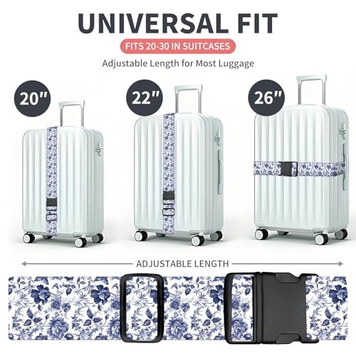 Luggage Strap for Suitcases Adjustable Travel Belt with Quick Release Buckle, Cute Travel Accessories for Suitcase Strap White Blue Flowers - color: White Blue Flowers