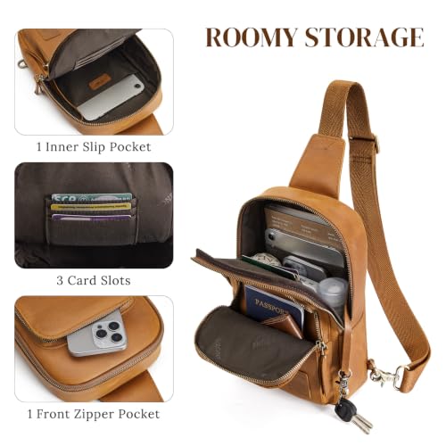 S-ZONE Genuine Leather Sling Bag for Women Men RFID Blocking Card Slots - color: Light Brown