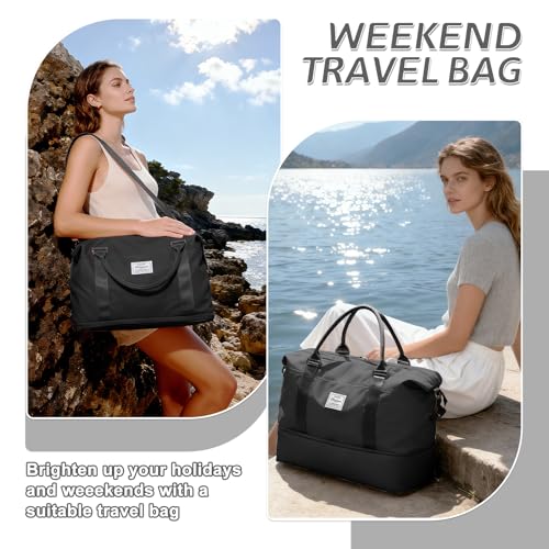 Travel Duffel Weekender Bag Women Tote Carry On Bags With Shoe Compartment - color: A-Black, size: M