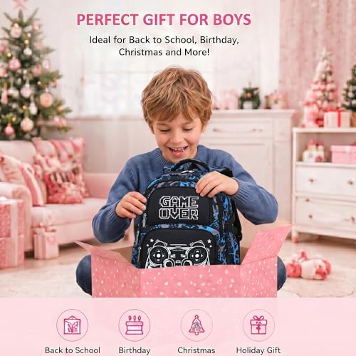 Boys Backpack Set 3PCS Ages 6-12, Kids School Backpack - color: Gamer Black Blue
