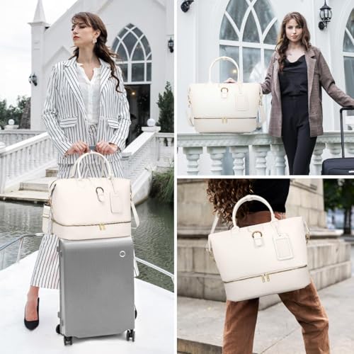 Leather Weekender Bags for Women, Travel Duffel Bag PU Overnight Bag Carry On Tote Bag with Shoe Compartment Wet Pocket - color: White, size: X-Large