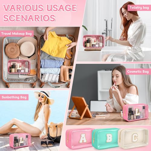 Initial Clear Makeup Bag, Birthday Gift Chenille Patch Cosmetic Bag - color: Pink, size: L
