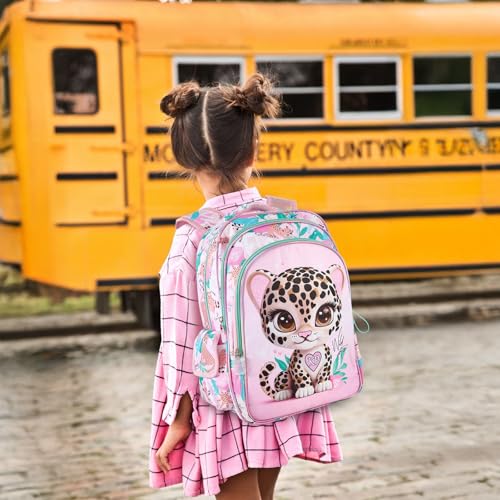KidsPUNK Backpack for Girls Elementary:16 Inch Cute Leopard School Bookbag - color: Leopard