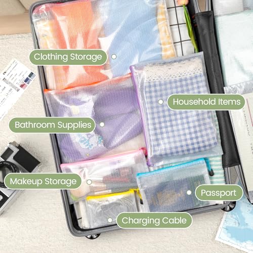 Smarpau 8pcs Mesh Zipper Pouch Bags,8 Sizes 8 Colors Clear Plastic File Bag - size: Multisizes-8pcs