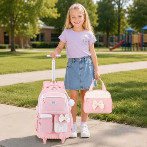 Bevalsa Rolling Backpack for Girls, Roller Backpack with Wheels | Cute Bow Wheeled School Bookbag Set with Lunch Bag & Pen Case, Suitcases for Kids Teens Elementary Middle Student - color: Pink Beige