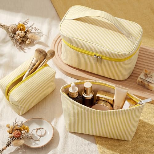 Huhumy 3Pieces Cute Seersucker Makeup Bag Set for Women, Yellow, Stripe - color: Yellow, style: Stripe