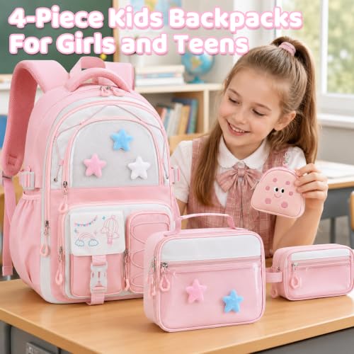 Girls Backpack with Lunch Box, 4 PCS Pink Kawaii School Bookbag for Girls - color: Pink