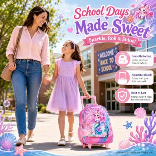 KLFVB Rolling Backpack for Girls Boys, Kids Roller Wheels School Bookbag with Lunch Bag, Wheeled School Bag for Children - color: 3pc Mermaid Pink