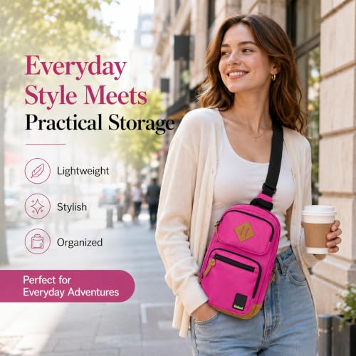 Sling Bag Crossbody Shoulder Bag for Men Women,Waterproof Lightweight Casual Daypack with Multi-Pockets - color: Rose