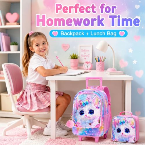 HPJGD 3PCS Cat Rolling School Bag for Girls, Girls Backpack with Wheels, Water Resistant Reversible Sequins Wheeled Backpack Set with Lunch Box - color: Sequin Cat