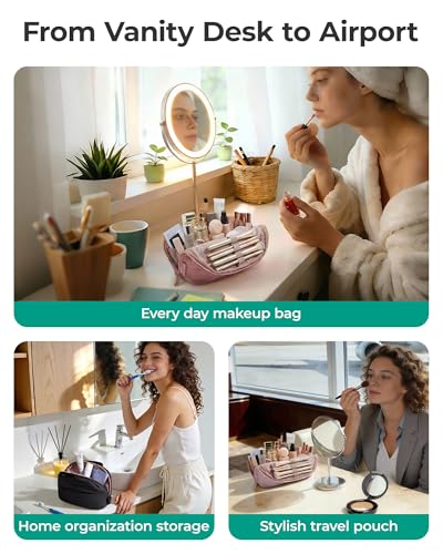 BAGSMART Travel Parallel Makeup Bag, Fold-Down Cosmetic Pouch for Women - color: Black