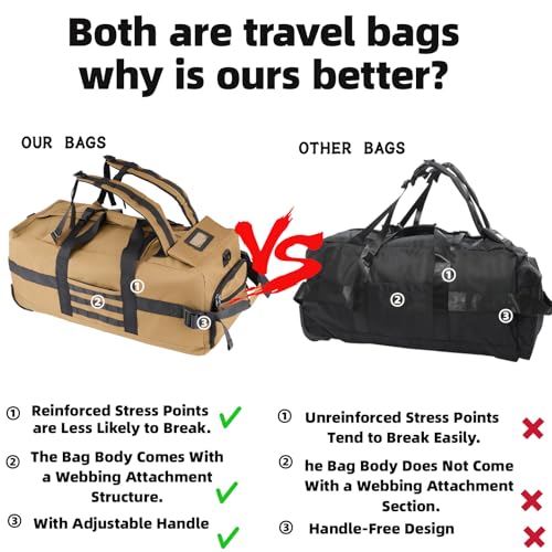 80L Travel Rolling Duffel Bag with wheels, Military Tactical Wheeled Foldable for Deployment Travel Camping Sports - color: Khaki(Adjustable handle)