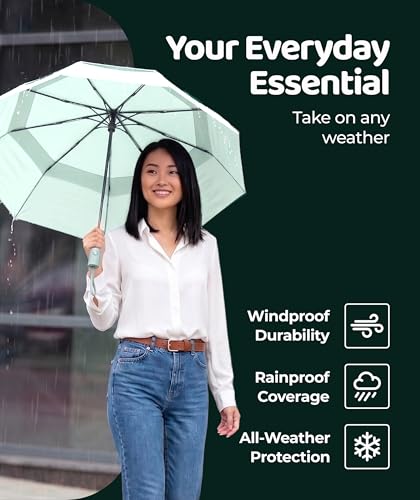 Windproof Travel Umbrella - Compact & Withstands Winds up to 100MPH, Strongest Premium Auto Folding Umbrella for Rain and Sun - Durable, Light & Portable for Women & Men, Fits Backpack & Cars - color: 15. Pastel Mint
