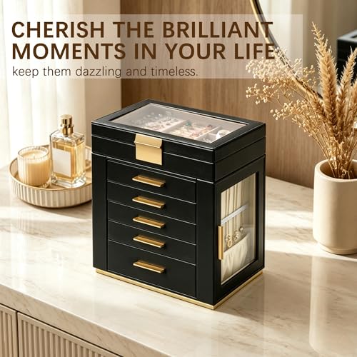 Homeanda Jewelry Boxes with Glass Lid, 6-Layer Large PU Leather, Black - color: Black, size: 6 Layer