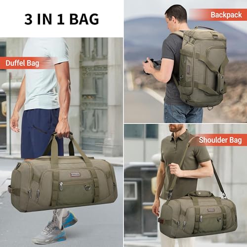 WITZMAN 캔버스 더플 백 남성용 3 in 1 컨버터블 백팩 40L 여행용, 아미 그린., 빈티지 - color: 아미 그린., size: 40L Standard