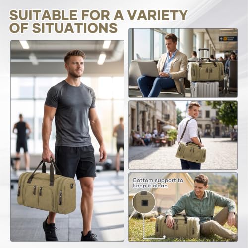 coowoz Duffle Bag for Men 40L Expandable Canvas Travel Weekender Overnight Bag with Trolley Sleeve & Shoulder Strap for Business Trips, Travel Khaki - color: Khaki