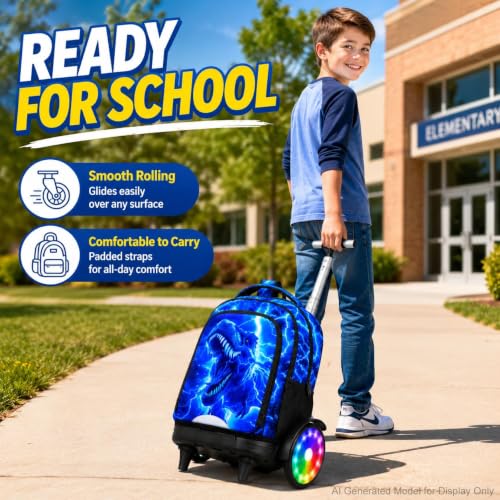20 Inches Large Wheels Rolling Backpack for Boys with Light Up, 3Pcs Kids Lightning Dinosaur Wheeled Backpack Set for Elementary School (Blue) - color: Lightning Dinosaur(large Wheels)