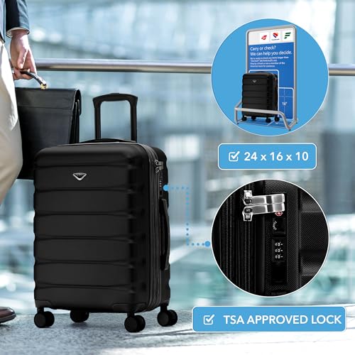 Flight Knight 24x16x10 Expandable Carry On Suitcase Hardside TSA Lock USB C Lightweight Luggage Silent Double Spinner Wheels Maximum Overhead Carry-On Bag For Virgin South West Approved Black - color: Black, size: 24x16x10"