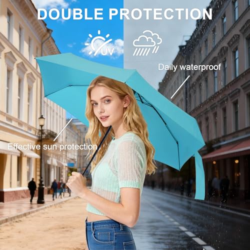 Mini Umbrella for Travel with Case Small Compact Sun Rain Tiny for Purse - color: 1702.Lake Green