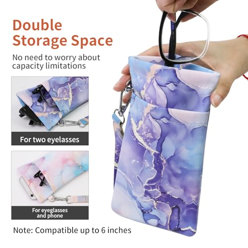 Double Eyeglass Case Soft Dual Glasses Case for Women Men Travel Squeeze Top Sunglasses Cases Eyeglasses Pouch - color: Pink+purple Marble
