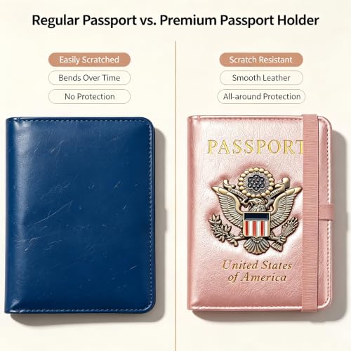 Premium Passport Holder for Travel RFID Blocking Passport Cover Slim - color: Rose Gold