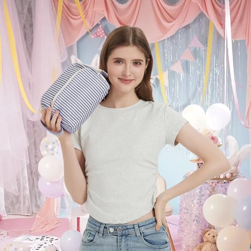 Narwey Travel Makeup Bag Toiletry Bag, Wide Open Cosmetic Bag for Women - color: D-Greyish Blue Stripe, size: Small