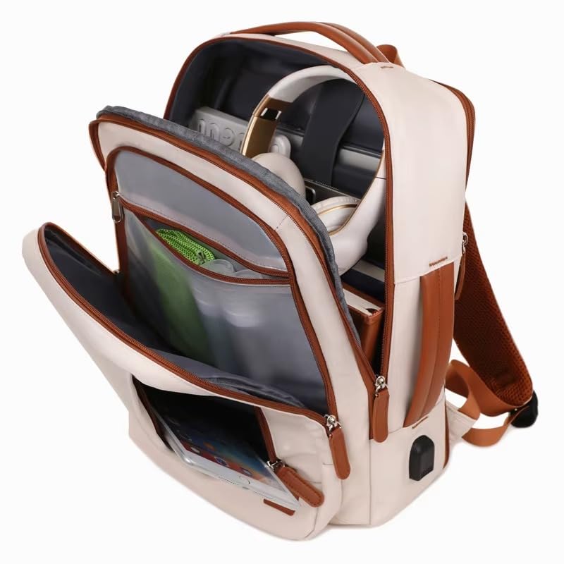 Backpack – Expandable Carry-on,USB Charging Port, TSA 15.6” Laptop, Executive, travel & College Backpack for Women & Men, Cream