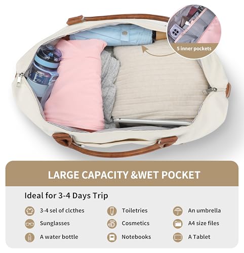 Women's Weekender bag Travel Duffel Bag with Shoe Compartment 21-inch Airline-Approved Carry-On, 2-Piece Overnight Bag Set Personal Item Luggage - color: D- BrownBeige