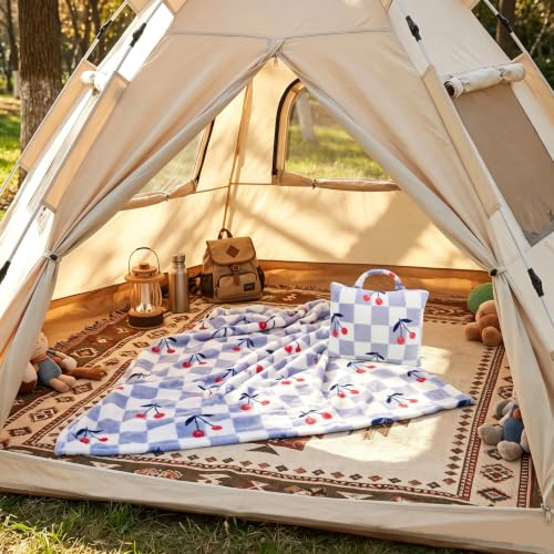 3 in 1 Kids Travel Blanket and Pillow Set with 40x60 Blanket - color: Blue Checkered & Cherry