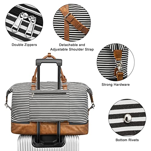 S-ZONE Weekender Bags for Women and Men Travel Duffel Bags with Shoe Compartment Overnight Carry on Duffle Tote Bag - color: A-Black Stripe