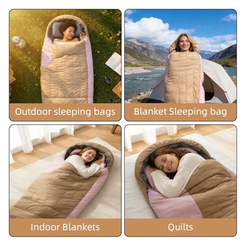 3-in-1 Lightweight Down Sleeping Bag for Adults and Teens | with Detachable Hood,Compact, 20°F 32°F 45°F Rectangular Down Blanket Sleeping Bag,Camping Hiking and Backpacking Outdoor - color: pink 1000g filling