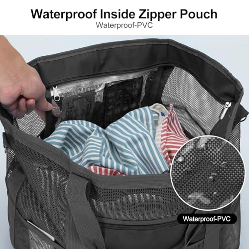 Mesh Beach Bags for Women - Plus Waterproof Sandproof Tote Bag - color: Black With Top Zipper, size: Large