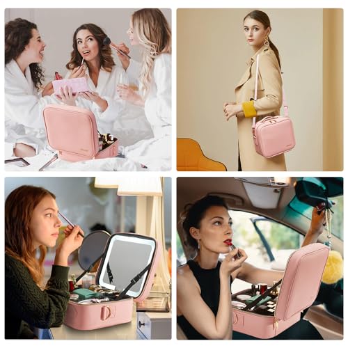 Mocado Travel Makeup Bag with Mirror Makeup Case with 8 Makeup Brushes - color: Pink With Brushes