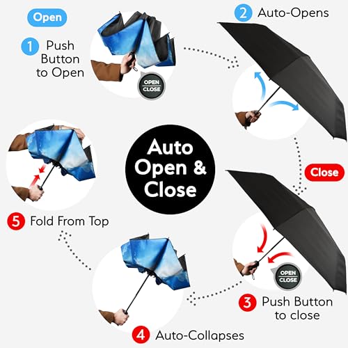 TUMELLA Reverse Folding Windproof Umbrella, Large 46", Strong & Light - color: E. Blue Skies