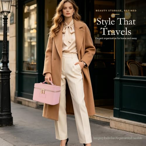 Makeup Bag Travel Toiletry Leather Cosmetic Case, Waterproof Makeup Organizer with Brush Holder, Wipe Clean Removable Divider Vanity Train Bag for Women, Pink - color: Pink
