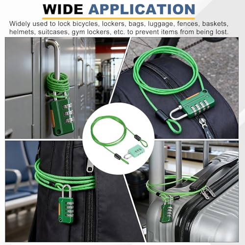 PATIKIL 3.3ft(39.4") Security Steel Cable with 3 Digit Combination Lock, 1 Set Travel Padlock PVC Coated Safety Wire Rope Double Loop for Luggage Suitcase, Clear Green Green - color: Clear Green Green, size: 3.3ft