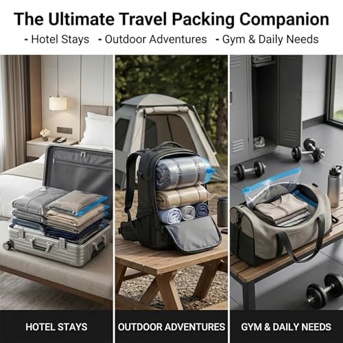 Compression Clear Bags 10 Pack for Travel Essentials, Roll Up No Vacuum Pump or Air Extractor Needed Space Saver Transparent Organizer, Reusable Storage Caddy for Clothes, Luggage, Closet, 20" x 16" - size: Small
