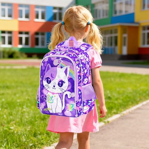 UFNDC 5PCS Kids Suitcase Set for Girls, Cute Sequins Cat Rolling Luggage, Travel Carry-On for Toddlers & Elementary Children - color: Reversible Sequins Cat Luggage 5PCS Set