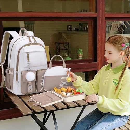 ACESAK 4PCS Teen Girls Backpack with 43OZ Bento Lunch Box Set,Khaki - color: Off-white-to-khaki Gradient