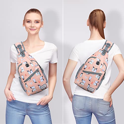 ZOMAKE Sling Bag, Penguin Pink, Nylon, 5 Separate Compartments, 10" iPad Compartment, Anti-Theft, Adjustable Reversible Shoulder Strap, Water Resistant - color: Penguin Pink, size: 8L