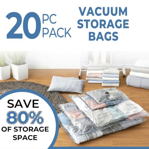20-Pack Vacuum Storage Bags – Multi-Size (Jumbo to Travel Roll-Up), Double-Zip Seal, Triple-Seal Turbo Valve & Hand Pump – Space-Saving, Reusable, Transparent