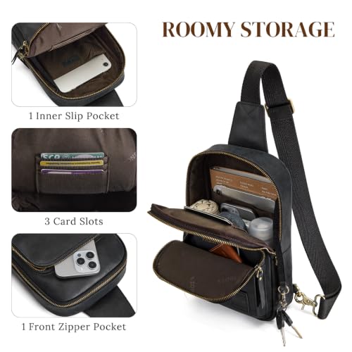 S-ZONE Genuine Leather Sling Bag for Women Men RFID Blocking Card Slots - color: Black
